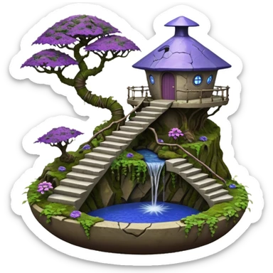 Alien saucer house jungle-vines precarious narrow stairway fountain mountain-island landscape antique mudman very old broken cracked intricate Stone Age lapis-crusted irregular dodecagon-shaped shallow dark moss rough bark violet serissa flowered maple tree bonsai pot sticker