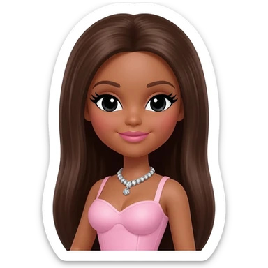 Long giant lashes, Doll faced shaped,swarovski with Rhodium plated necklace, bimbo, black doll eyes, barbie, darker brown skin, with long dark brown hair, light pink, big breast sticker
