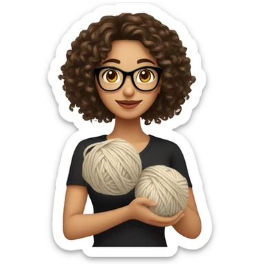 pretty Hispanic woman with long brown curly hair holding one ball of yarn with both arms wearing a black shirt and black glasses sticker