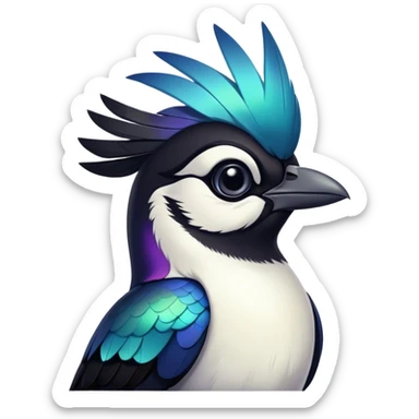 Cinematic Noble Magpie Portrait Emoji, Poised and sleek, with striking, iridescent black and white plumage, a sharp, inquisitive beak, and intense, observant eyes, Simplified yet sharp and sophisticated features, highly detailed, glowing with a soft, urban gleam, high shine, intelligent and graceful, stylized with an air of mischievous charm, focused and alert, soft glowing outline, capturing the essence of a watchful and confident magpie that appears ready to dart out of the screen with effortless authority! sticker