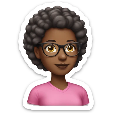 Black girl with afro ponytail and clear glasses with pink shirt sticker