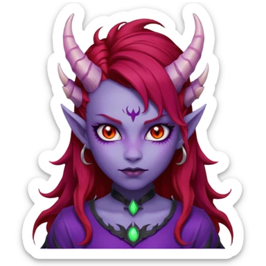 Demon Girl Purple Skin Dragon Horns Black Eyes Red Glowing Pupils Auburn Haired Red Shirt  sticker