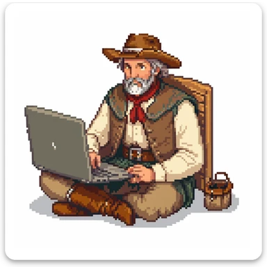 Pioneer settler in old frontier clothing sitting at a modern laptop computer sticker