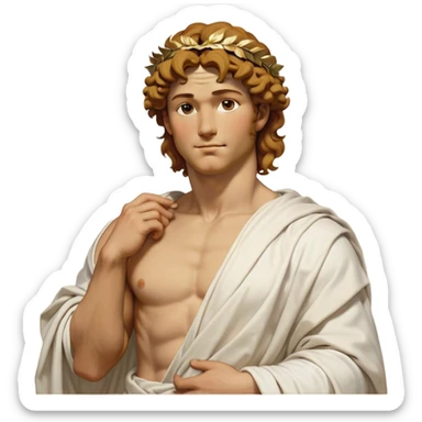 Cinematic Realistic Hercules Portrait, head tilted playfully and inquisitively, showcasing a blend of legendary power and youthful charm with the refined features of Michelangelo's David. His light tan, sculpted skin and thick, curly, golden brown hair—styled with wild majesty—evoke the spirit of the lion-wrestling Hercules. Clad in a softly draped white robe with subtle golden details and adorned with a Greek laurel wreath, his expressive eyes and warm smile capture an approachable yet formidable hero, bathed in gentle natural lighting. sticker