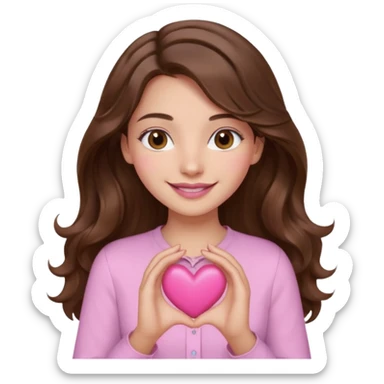 girl with wavy long brown hair, brown eyes, light to medium complexion, long lashes, light pink lipstick, wearing light pink shirt, smiling, hands holding a pink heart sticker