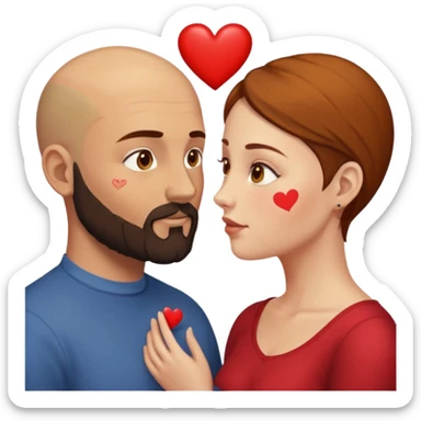 Couple. Bald man with dark brown-black beard. Woman with many small, faded, round, small freckles, white skin and she has auburn-yellow-brown dark hair. She has light yellow-brown eyes. He have hazel eyes. They look at each other. Many small red hearts around them. sticker
