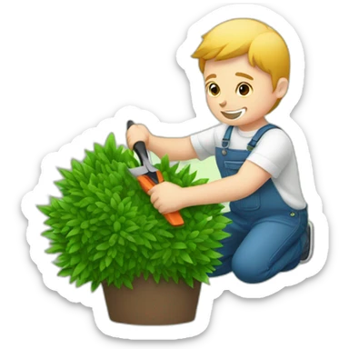 white kid trimming a decorative bush sticker