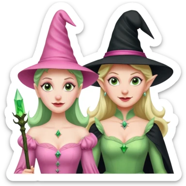 make an emoji of the green wicked witch standind behind the good witch Glinda and being overly protective looking angry and glinda looking happy sticker