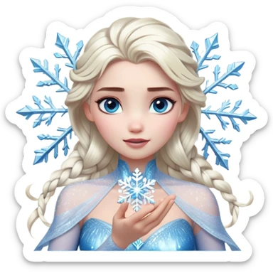 Cinematic Realistic Elsa Portrait, depicted with lifelike skin texture, soft natural lighting, and intricately detailed platinum blonde hair styled elegantly. Her striking, expressive blue eyes exude confidence and grace, complemented by a serene and regal expression. She holds a shimmering snowflake delicately in one hand, her other hand resting against her gown, embodying the power and beauty of winter. She is dressed in her signature icy attire, with shimmering fabric textures and delicate folds that catch the light beautifully. The portrait features a soft, enchanting glow with a cool, radiant finish, capturing the essence of timeless elegance in a realistic and painterly style. sticker