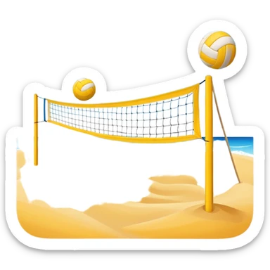 The scene captures the relaxed yet competitive vibe of beach volleyball, with warm sunlight and the natural beauty of the beach. A volleyball resting on the yellow sand on a beach, with the net in the background and a scenic view of the ocean and sky.  sticker