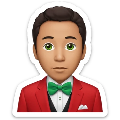 Smokey Robinson with dark brown hair, red suit with bow tie, green eyes sticker