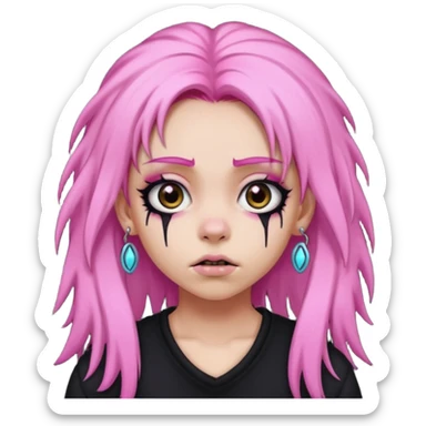 girl,lightsinvampire, pink hair, very longhair , shaggy, dark, spooky,double eyebrow dermal piercing, creepy expression sticker