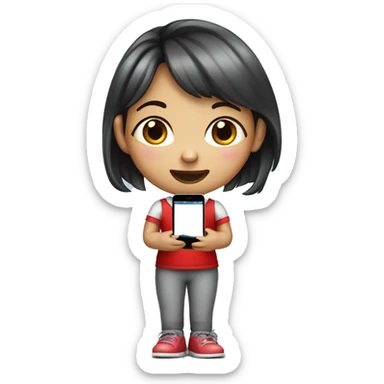 A little seven-year-old girl wearing a red candy cane shirt with gray pants, black shoes while holding an iPhone with a slightly Asian face sticker