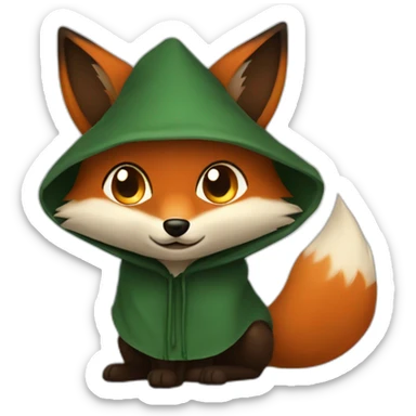 a small dark brown fox with orange eyes with a dark green hood that smile sticker