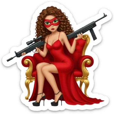 Drug dealer female green eyes symbol.  hair is brown curly long hair. sexy long with long red and black dress and face cover on that covers her mouth only. black stiletto platform high heels shoes on. Holding sniper rifle sitting on a gold throne. sticker