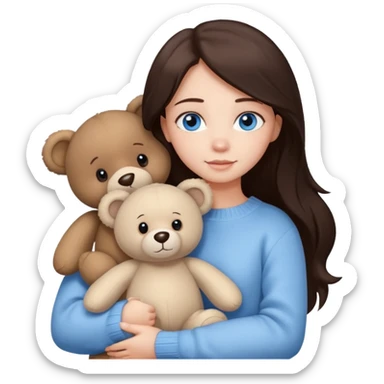 a girl with long dark brown hair, with blue eyes, in a
white sweater, hugs 3 different natural coloured sticker