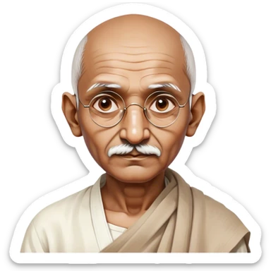Cinematic Realistic Mahatma Gandhi Portrait Emoji, depicted as a humble, wise leader in simple attire with a serene determined expression, rendered with soft textures and warm natural lighting that captures his peaceful yet resolute spirit. sticker