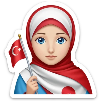Turkish beautiful finish Konya girl blue eyes with red white hijab dress with turkish flag and watching the sky on the ground  sticker