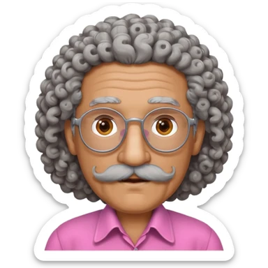 old guy with very curly hair and brown shades and big  pink mustache sticker