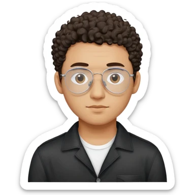 Man with small face and prominent forehead, teardrop-shaped aviator glasses, totally shaved sides with very minimal dark curly hair only on top, light brown complexion, gentle expression, black button-up shirt sticker