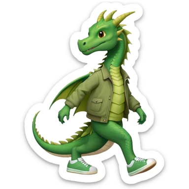 friendly anthropomorphised green dragon in a jacket and sneakers walking upright, relaxed pose sticker