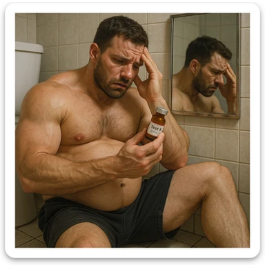 A 35-year-old bodybuilder sits shirtless on a bathroom floor, clutching an empty vial labeled "Test E 250mg". His physique shows the paradox of PED abuse: bloated stomach (high estrogen), but zero exceptional muscle gains.  sticker