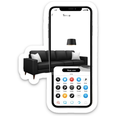 smartphone with interior design style quiz app showing swipe left and right arrows between modern and traditional living room styles sticker