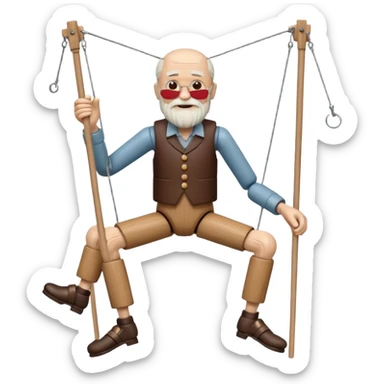 3D render of Old Man Puppet as a wooden marionette puppet, Carved wood beard, silver metal screw joints at elbows and knees, polished brown wood texture, rigid toy pose, emoji style, isolated on white background --v 6.0. sticker