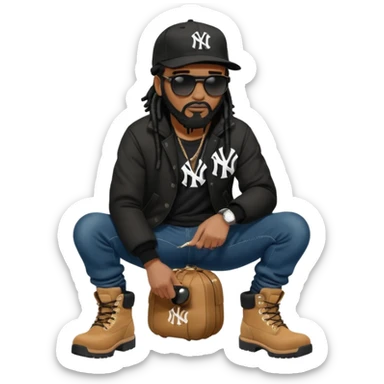 African American man with shoulder length black dreadlocks with black beard wearing black sunglasses wearing a black New York Yankees logo baseball cap wearing a black bubble winter coat wearing denim skinny jeans and timberland boots bending down tying up his shoes sticker