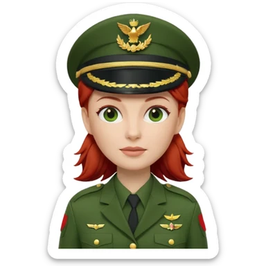 iOS Memoji style, white woman, red hair, green military officer uniform, peaked cap, 3D render, white background. sticker