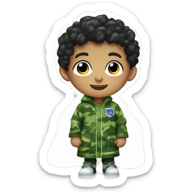 6 year old boy with white skin and brown eyes and black short curly hair and he's wearing a robe patterned in green camoflauge colors in a tune squad undershirt sticker