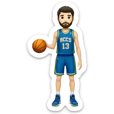 Full Body  white male basketball player with short shaggy dark hair and gold tee beard wearing blue and green uniform sticker