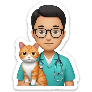 Veterinario hombre trigueño con lentes, con cabello negro, y con uniforme veterinario color verde turquesa y estetoscopio  cargando un gato naranja sticker