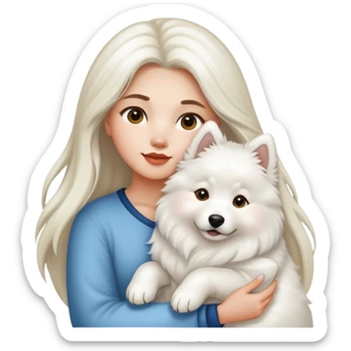 A girl with long highlighted hair holding a Samoyed sticker