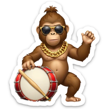 ape with big golden chain on the neck wearing sunglasses plays drum full heighth sticker