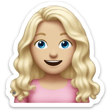 White girl. Long white blonde hair. Blue eyes. Pink dress. Hand in front of mouth laughing  sticker