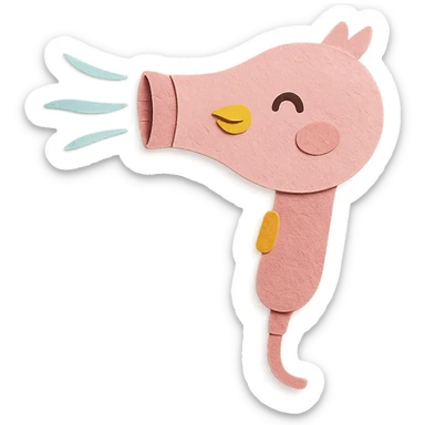 soft pink bird-shaped hair dryer, blowing gentle air, happy expression, full-body sticker
