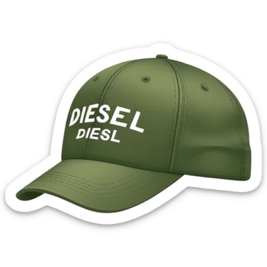 Deep army green Diesel cap, isolated hat with white handwritten Diesel text and the brand's logo below it, no human sticker