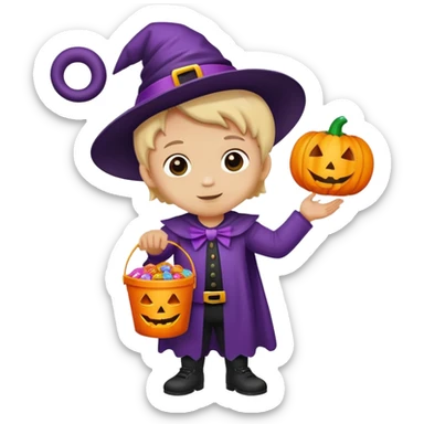 child trick-or-treating in a Halloween costume, holding a candy bucket sticker