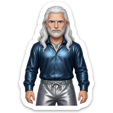 Odin from Norse Mythology with blue eyes, long white hair, dark blue metallic shirt, grey metallic baggy pants, silver necklace sticker