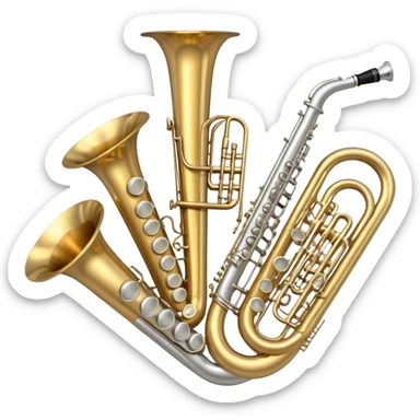 Create a professional, harmonious emoji collage symbolizing wind instruments.  The instruments should be in metallic gold, silver, and brass tones, with subtle reflections to convey a professional and polished appearance. Add soft musical notes or soundwaves to surround the instruments, creating a sense of movement and sound. The background should be transparent, ensuring all instruments are the focus and the composition remains harmonious and balanced. sticker