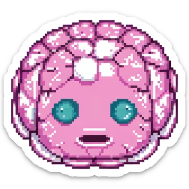 16-bit pixel art of a pink brain-shaped blob with sad droopy eyes and downturned mouth, smooth rounded brain texture, simple retro gaming style sticker