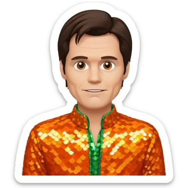 Jim Carrey with dark brown hair, orange sequin outfit sticker
