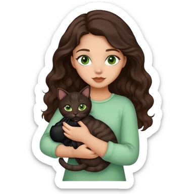 Beautiful girl with dark brown wavy hair and green eyes holding black and brown cats in arms sticker