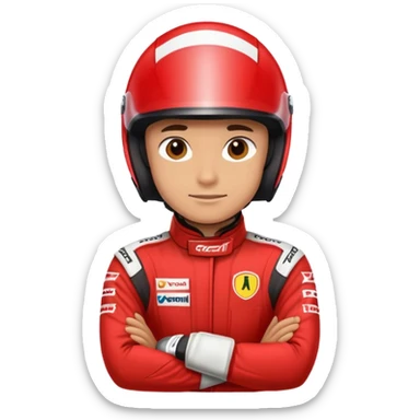 Formula 1 racing driver wearing red helmet and clothing with arms crossed headshot sticker