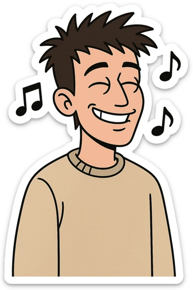Slava Marlow, smiling, with music notes around, cartoon, no text sticker