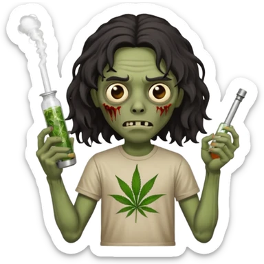 black mid long wavy haired zombie getting stoned with weed t shirt and bong on his hand sticker