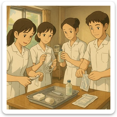 Four nursing students in Ghibli style preparing medical equipment together in a care room. White short-sleeve uniforms, V-neck, left chest pocket, bare forearms, long hair tied for those concerned, no stethoscopes, warm and professional atmosphere. sticker