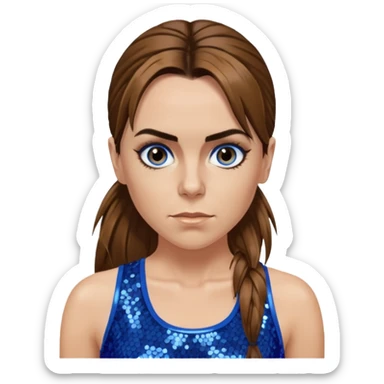 Melanie C with long brown ponytail hair, blue sequin crop top, hazel eye sticker