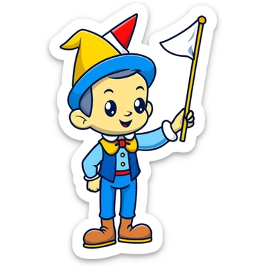 Cartoon Pinocchio puppet with growing long nose, blue outfit and pointed hat sticker